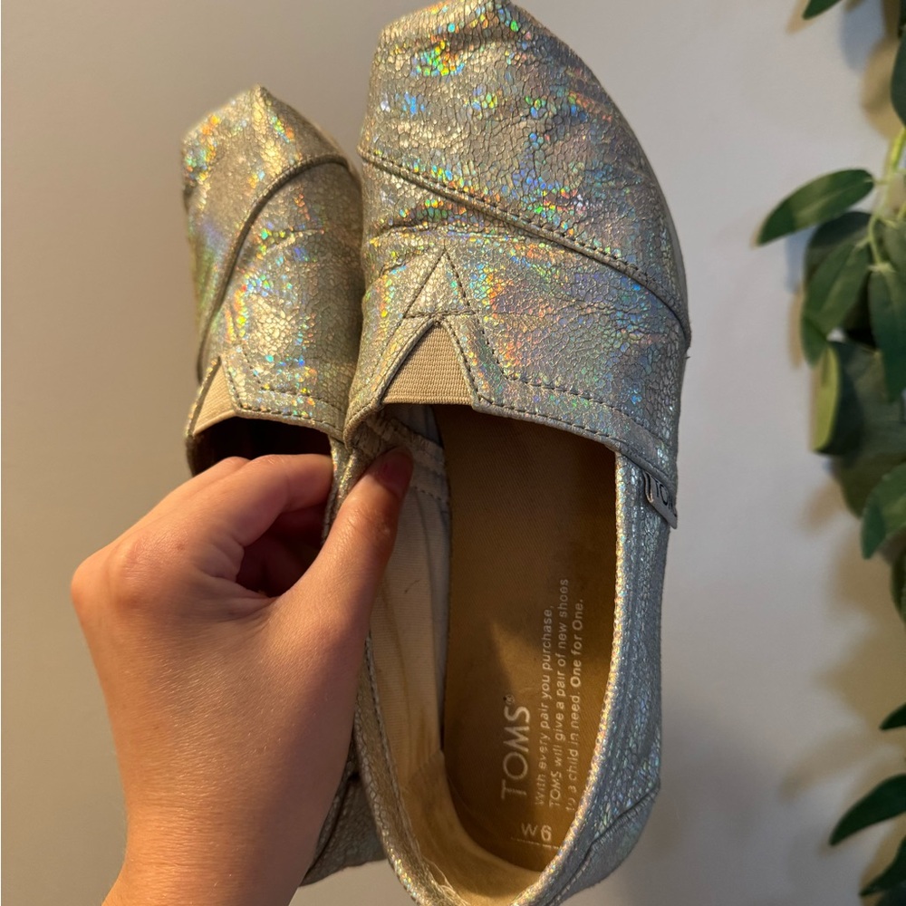 Toms Iridescent Holographic Silver Slip-Ons